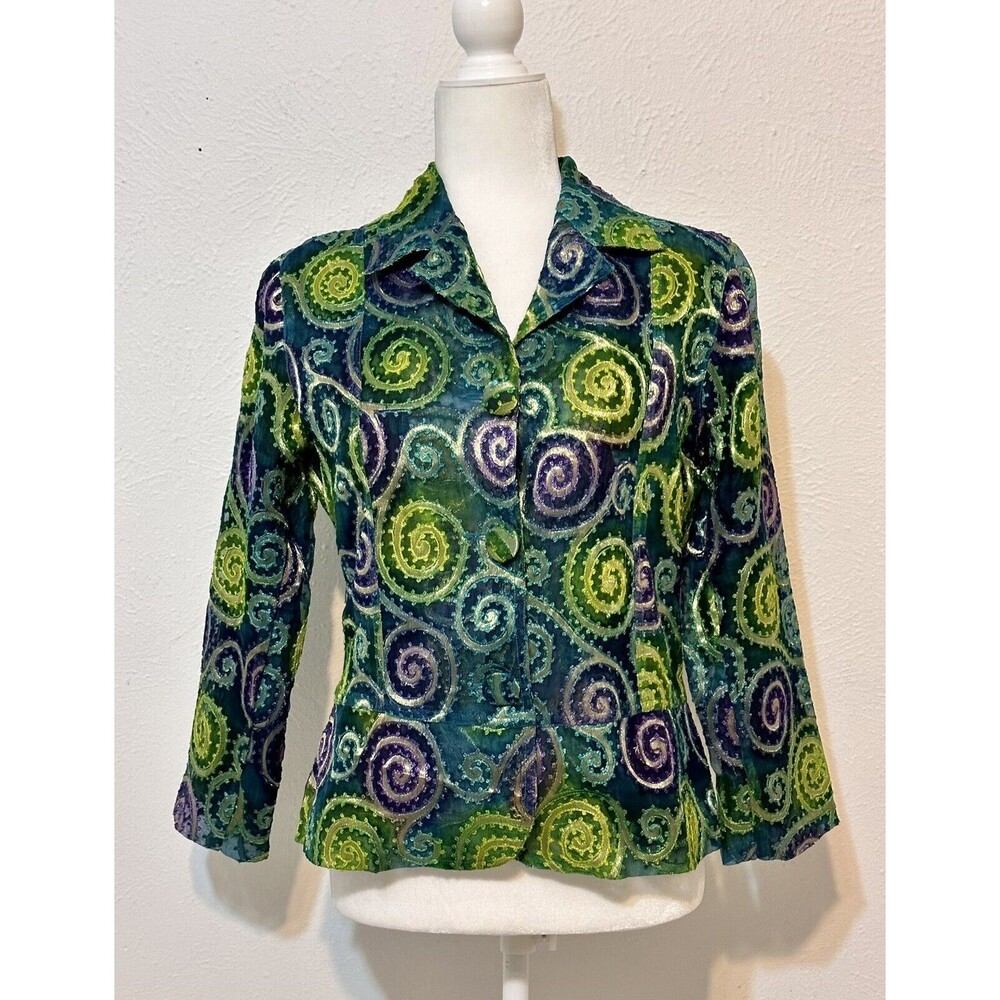 Chico's Size 0(S 4-6) Metallic Silk Embroidery Jacket Art To Wear Boho Occasion